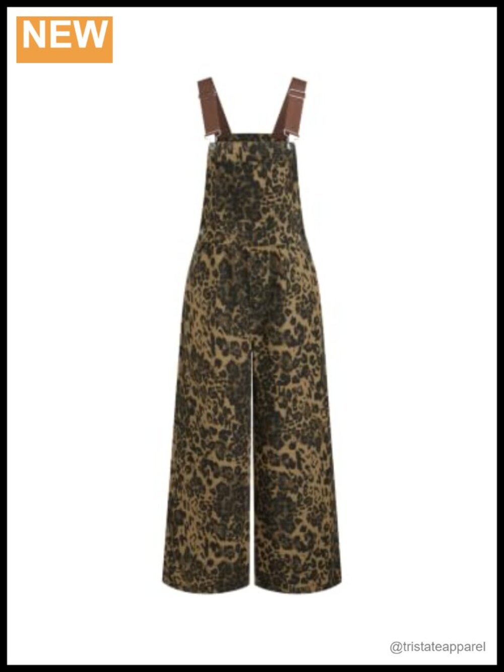 Leopard Denim Overalls Wide Leg Jumpsuit Buckle Up Adjustable Waist
